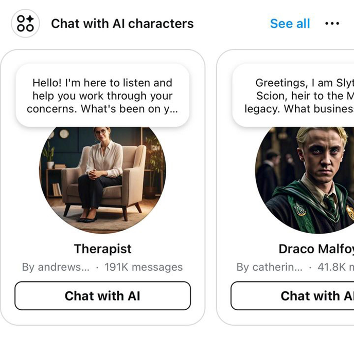 Zu sehen ist ein Screenshot von Instagram, wo die Funktion "Chat with AI charakters" gezeigt wird. Es kann der Chat mit Therapist und Craco Malfoy gestartet werden.