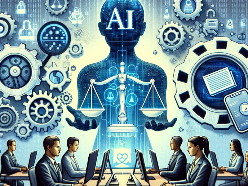 Ein Bild, das die Verabschiedung des AI Act darstellt: Eine diverse Gruppe von Menschen arbeitet an Computern mit einem holografischen AI-Interface. Im Hintergrund sind Symbole wie die Waage der Gerechtigkeit, Zahnräder und Binärcode zu sehen, die die Balance zwischen Regulierung, Sicherheit, Rechten und technologischer Innovation verdeutlichen.