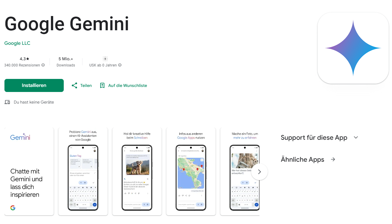 Zu sehen ist ein Screenshot aus dem PlayStore, der zeigt, dass Google Gemini als App installiert werden kann.