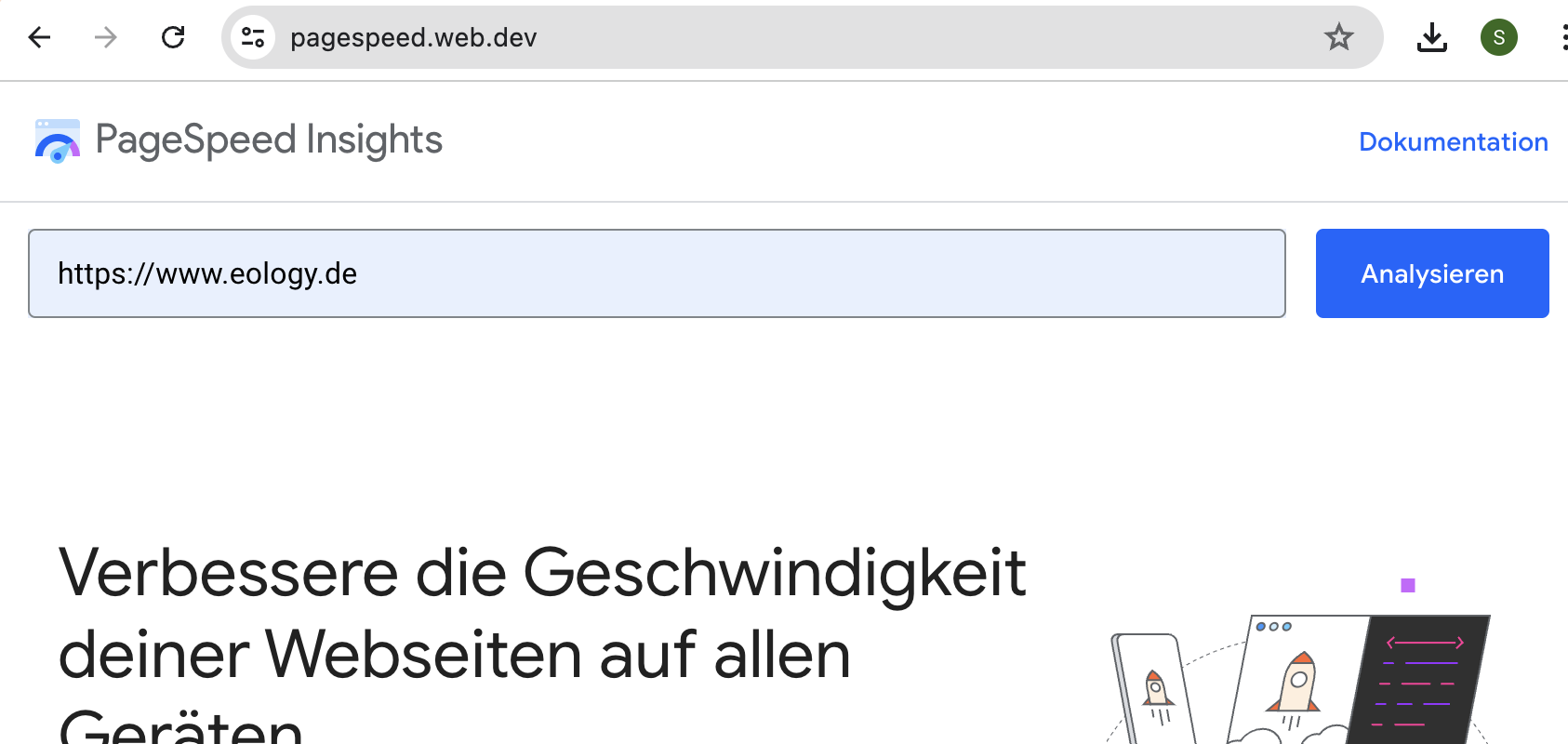 Zu sehen ist ein Screenshot der Startseite von Google PageSpeed Insight mit den Link zur eology-Website.