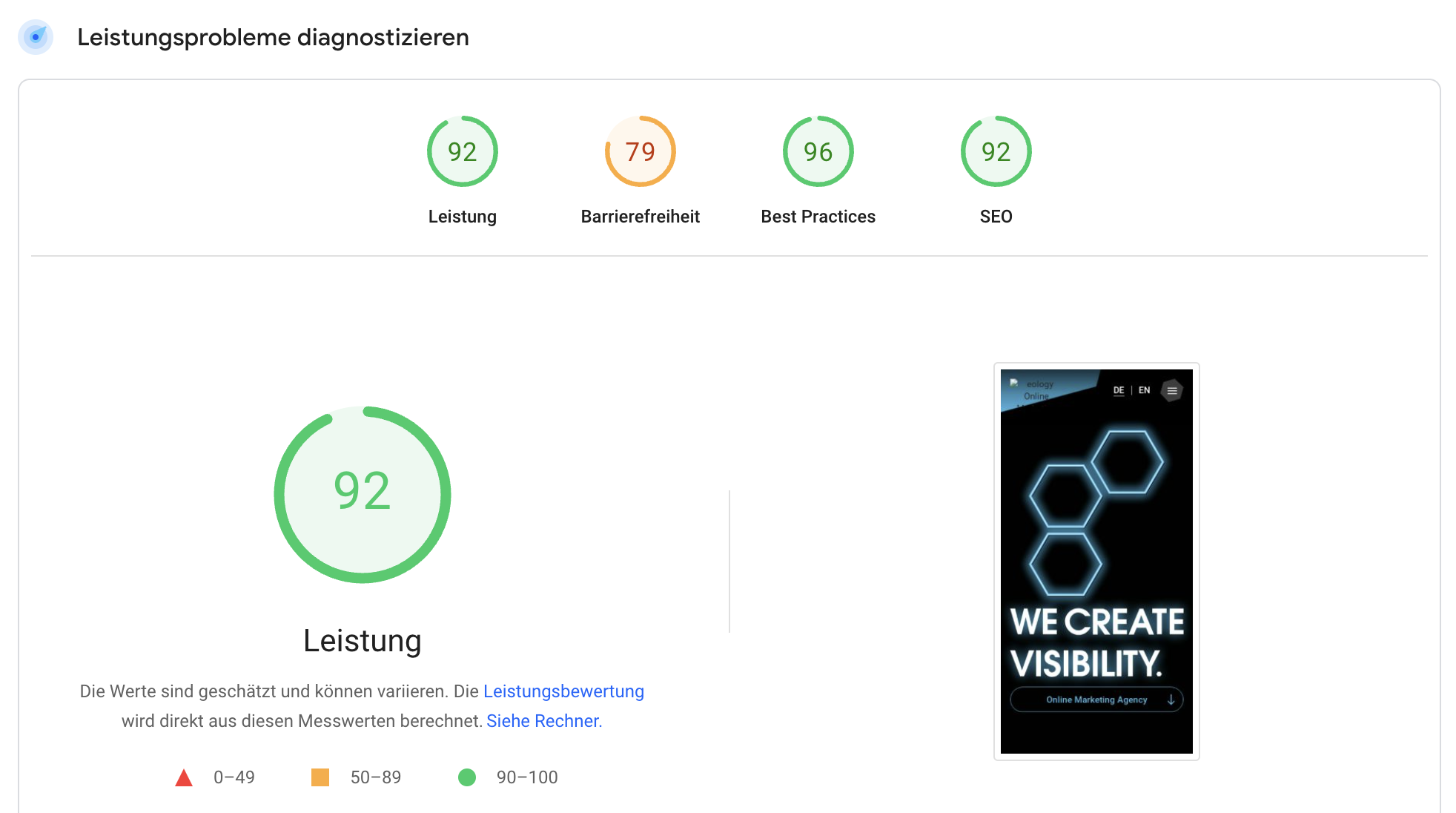 Zu sehen ist ein Screenshot aus PageSpeed Insights der Website von eology. Es wird ein Leistungsscore von 92 (grüner Bereich) angezeigt. Außerdem sind die Werte Barrierefreiheit mit 79 (gelber Bereich), Best Practices mit 92 (grüner Bereich) und SEO mit 92 (grüner Bereich) zu sehen.