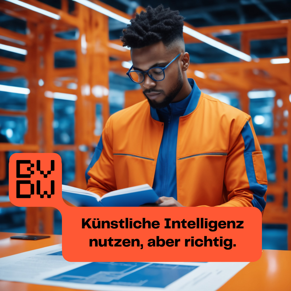 Ein mit KI erzeugtes Bild mit dem BVDW Logo und einem Satz "Künstliche Intelligenz nutzen, aber richtig."