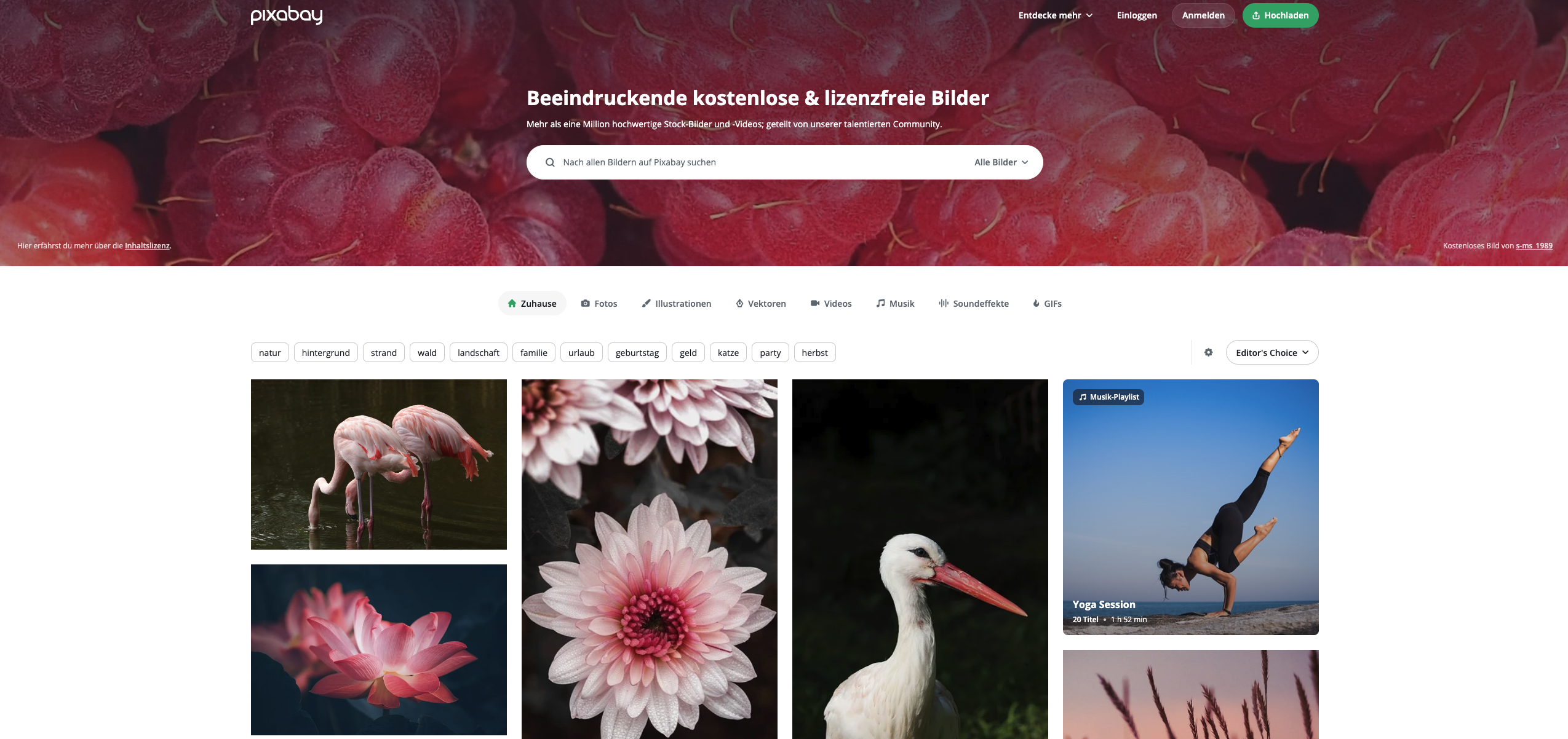Screenshot der Startseite einer Bilddatenbank namens Pixabay