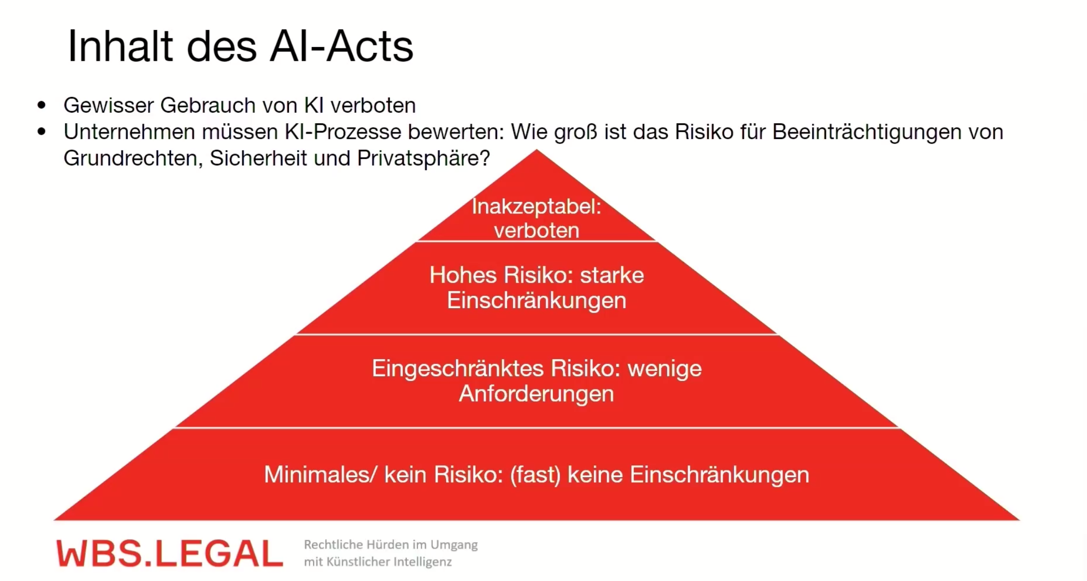 Zu sehen ist der Inhalt des AI-Acts, der gewissen Gebrauch von KI verbietet und bewertet, wie groß das Risiko ist, dass die KI Grundrechte, Sicherheit und Provtasphäre einschränkt.